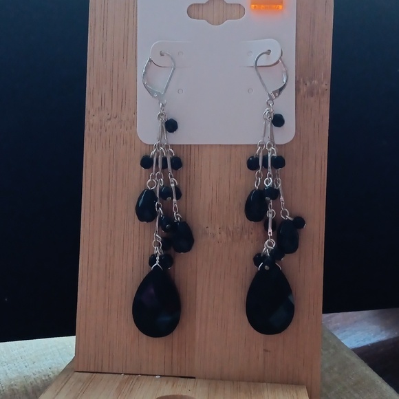 Silver Tone Black Beaded Dangle Earrings - Picture 4 of 4